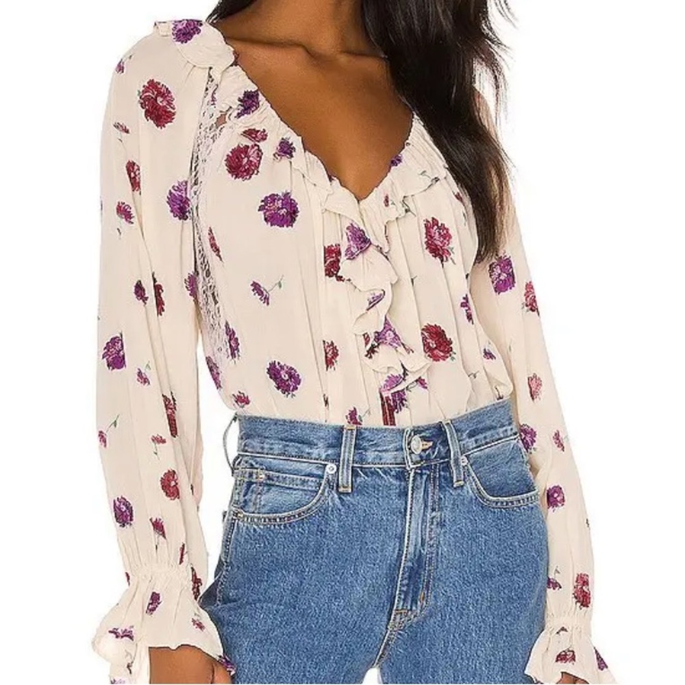 Free People Poppy Printed Bodysuit in Cream. -‎